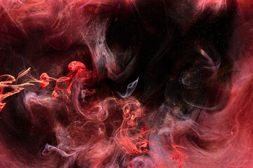 Red black ink abstract background. Acrylic paint backdrop for perfume, hookah, cosmetics. Mysterious smoke clouds, colorful fog © amixstudio