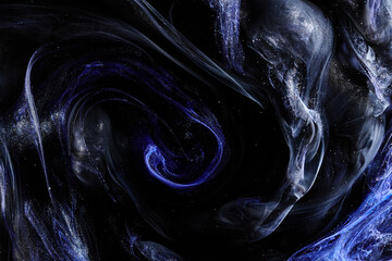 Dark blue abstract ocean background. Splashes, drops and waves of shining paint under water, clouds...