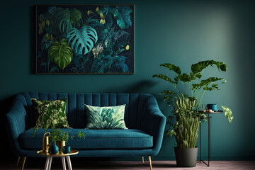 Interior of a contemporary living room with a sofa, green plants, a lamp, and a table against a blue wall. Generative AI