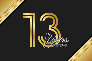 13th anniversary logo design with double line. Gold color numbers with silver text. Logo Vector Illustration