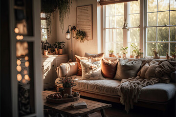 a cozy farmhouse living room with warm and soft beige boho decor and large windows AI assisted finalized in Photoshop by me