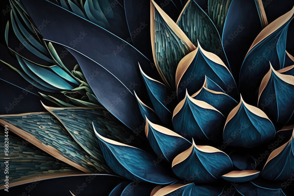 Poster close up of an agave cactus with an abstract background and textures in shades of dark blue. generat