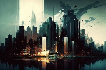 Cityscapes and Skyscrapers: A Dynamic Urban Landscape of Silhouetted Buildings, Sunsets, and the Buzz of City Life generative ai