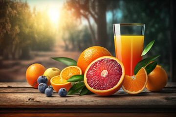 fresh fruit and orange juice in a glass on a wooden table. Generative AI