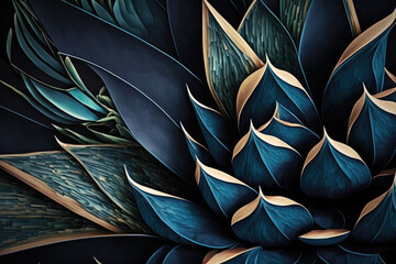 close up of an agave cactus with an abstract background and textures in shades of dark blue. Generative AI