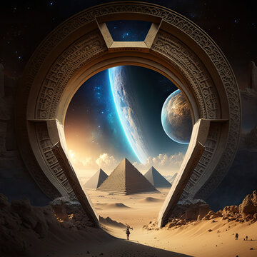 Stargate portal with pyramids and planets in another dimension.