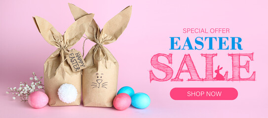 Banner for Easter sale with colorful eggs and gifts