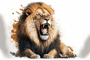 Panthera leo, seated lion, growling and displaying his teeth with aggression, alone on white. Generative AI