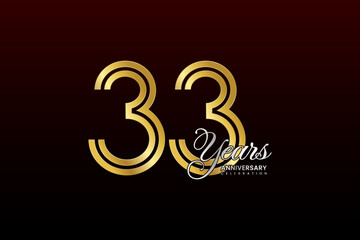 33th anniversary logo design with double line. Gold color numbers with silver text. Logo Vector Illustration