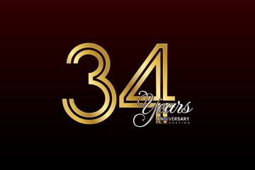 34th anniversary logo design with double line. Gold color numbers with silver text. Logo Vector Illustration
