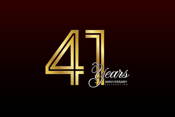 41th anniversary logo design with double line. Gold color numbers with silver text. Logo Vector Illustration
