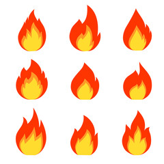 Collection of colorful fire icons. Illustration on transparent background
