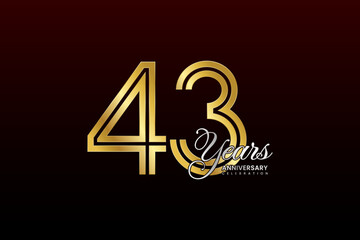 43th anniversary logo design with double line. Gold color numbers with silver text. Logo Vector Illustration