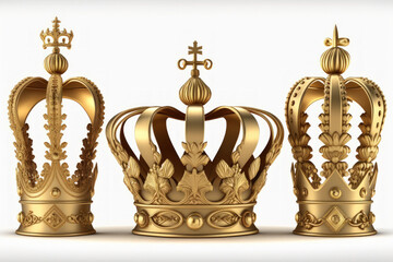 Fototapeta na wymiar above white, three consecutive golden crowns. Generative AI