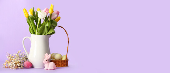 Vase with flowers, Easter eggs and toy bunny on lilac background with space for text