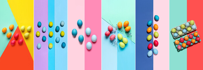Set of many beautiful painted Easter eggs on color background, top view