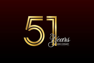 51th anniversary logo design with double line. Gold color numbers with silver text. Logo Vector Illustration