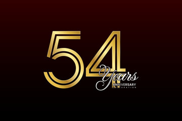 54th anniversary logo design with double line. Gold color numbers with silver text. Logo Vector Illustration