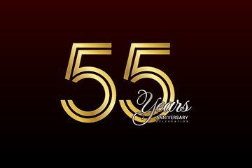 55th anniversary logo design with double line. Gold color numbers with silver text. Logo Vector Illustration