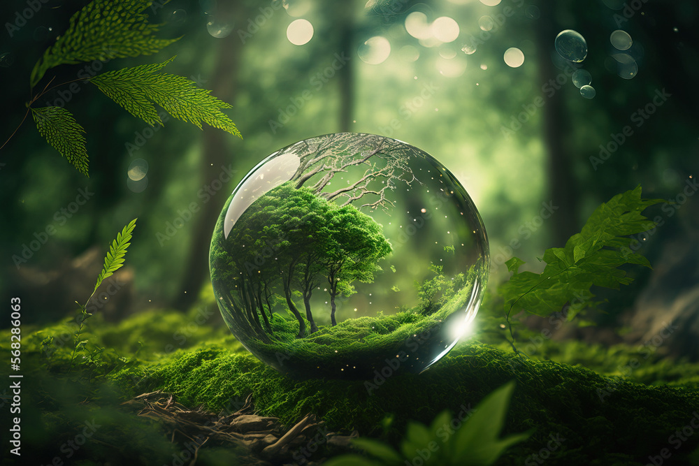 Poster environment. green planet with abstract defocused bokeh lights in a forest on a glass globe—an envir