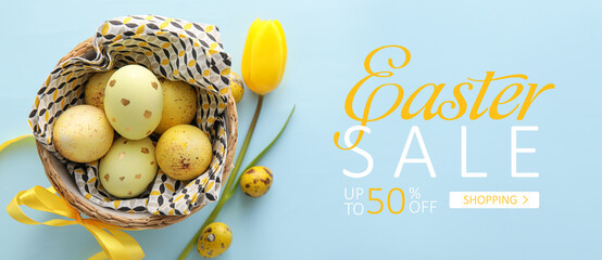 Banner for Easter sale with colorful eggs and flower