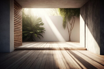A room with a concrete floor, an empty ancient wood plank wall, a tropical landscape as the background, and sunshine entering the space. Generative AI