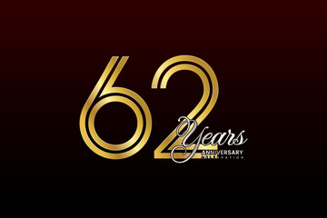 62th anniversary logo design with double line. Gold color numbers with silver text. Logo Vector Illustration