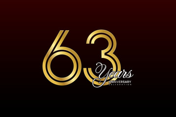 63th anniversary logo design with double line. Gold color numbers with silver text. Logo Vector Illustration