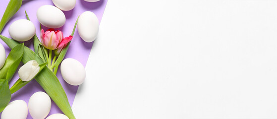 Easter eggs with tulip flowers on lilac and white background with space for text