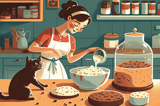 Cartoon Illustration Of Preparing Food In The Kitchen - Woman And Cat Whipping Up Homemade Pet Treats. Generative AI.