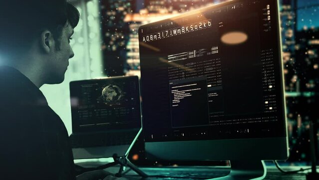 Cybercrime concept : A cybercriminal-hacker trying to breached crypto currency address security by using algorithm source code to exploit weakness in password security