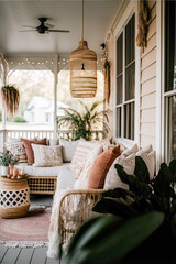 a cozy, boho front porch with touches of rattan and muted beige and rusty pinks with string lights and candles AI assisted finalized in Photoshop by me