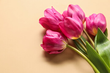 Bouquet of tulips on color background, closeup