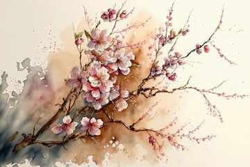 watercolor painting of a branch of cherry blossoms. Generative AI