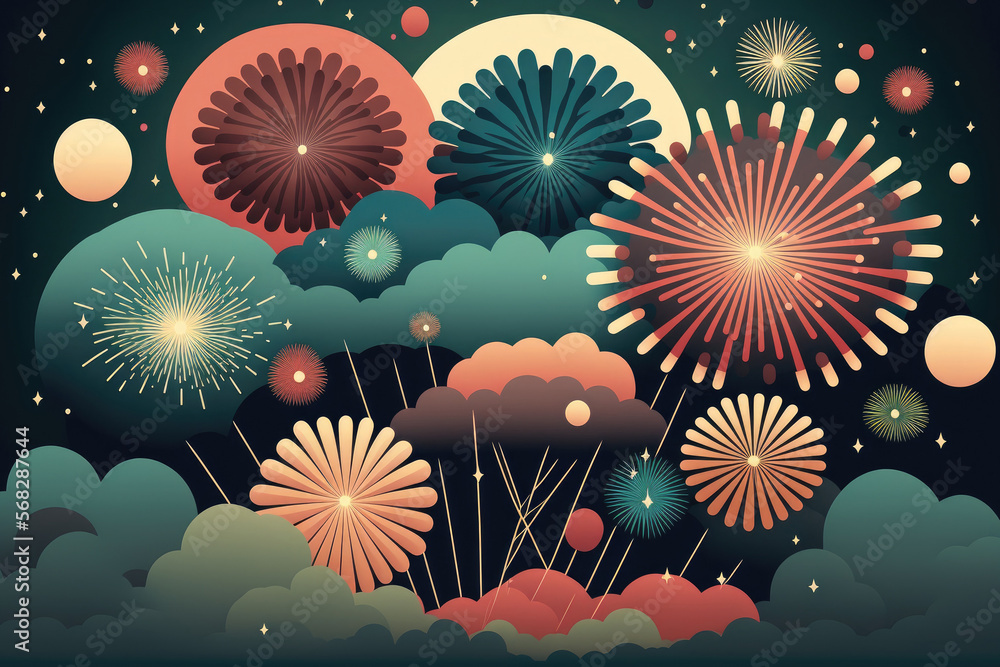 Poster a colorful fireworks display is set against a dusky sky. generative ai