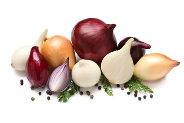 Heap of onion and peppercorns on white background