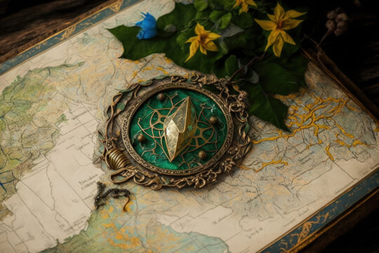 Astrakhan, Russia March 1, 2022 Middle Earth map with Elven Lorien brooch lying on it. Generative AI
