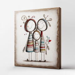 Two women and a child, cute family love and friendship  illustration in a frame