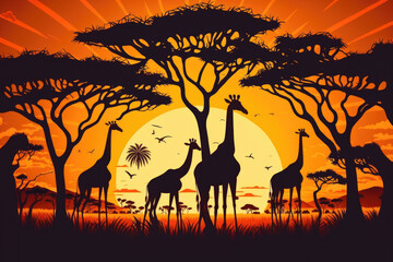 Fototapeta na wymiar Giraffe herd in the Serengeti National Park against the setting sun. Africa. Tanzania. Generative AI
