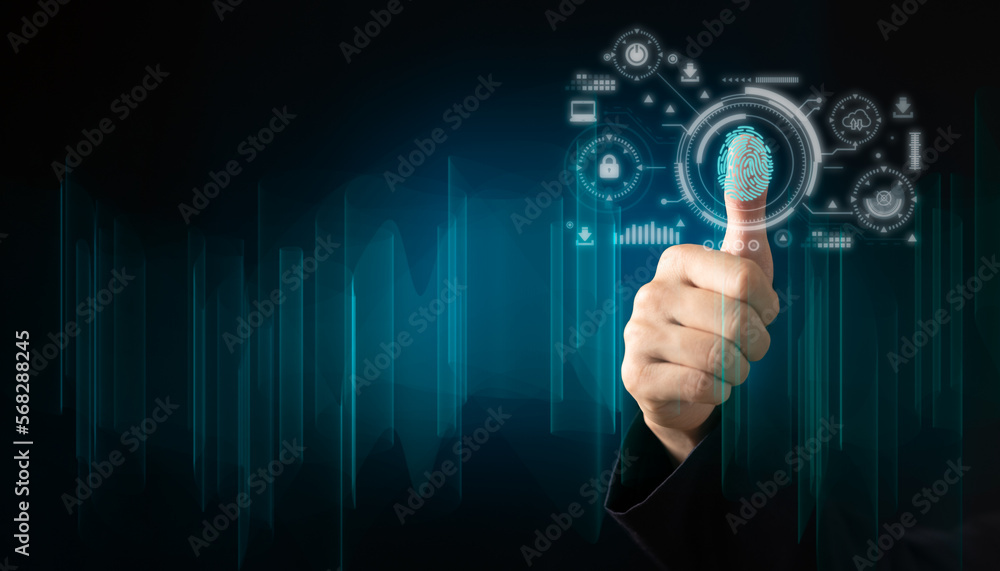 Aufkleber futuristic digital processing of biometric identification fingerprint scanner. concept of surveillan
