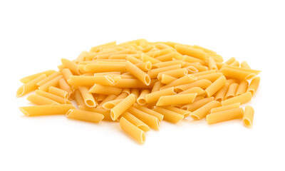 Heap of raw penne pasta isolated on white background