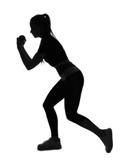 Silhouette of sporty young woman with dumbbells on white background