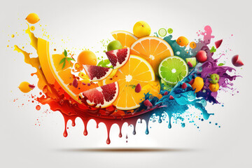 Fruit punch concept with a variety of fruit slices layered with splashes. Generative AI