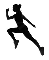 Fototapeta na wymiar Silhouette of sporty young woman running on white background