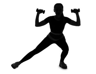 Fototapeta na wymiar Silhouette of sporty young woman with dumbbells on white background