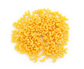 Heap of raw elbow pasta on white background