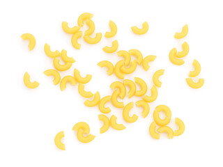 Raw elbow pasta on white background