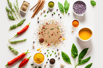 Colorful dry herbs and spices for cooking food white kitchen table background top view space for text. Generative AI