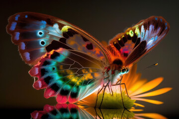 Fototapeta na wymiar Neon butterfly with rainbow colors on a yellow flower, ai.