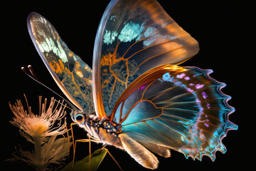 Neon butterfly with blue, purple and orange on a flower, ai.
